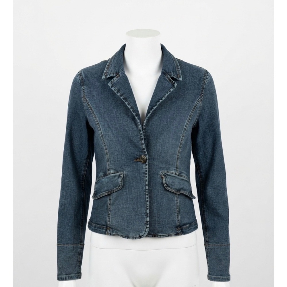 Vintage Y2K Hot Kiss Blue Denim Jacket Blazer Large Indie Sleaze Corporate